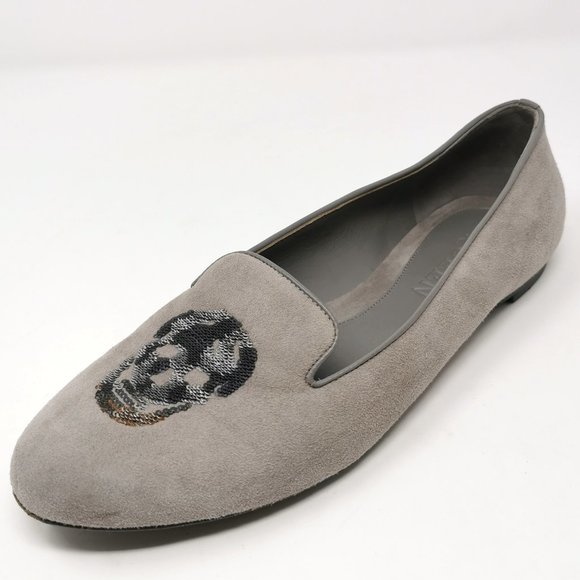 Alexander McQueen Grey Suede Flats Loafers With Sequin Skulls - Picture 1 of 10